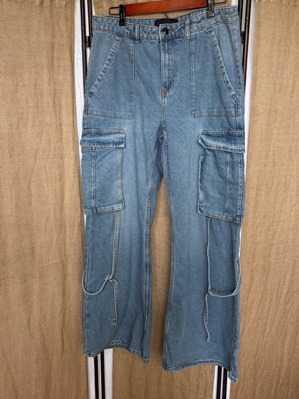 Light Wash Denim Wide Leg Cargo Pockets and Buckled Straps Skater Jeans